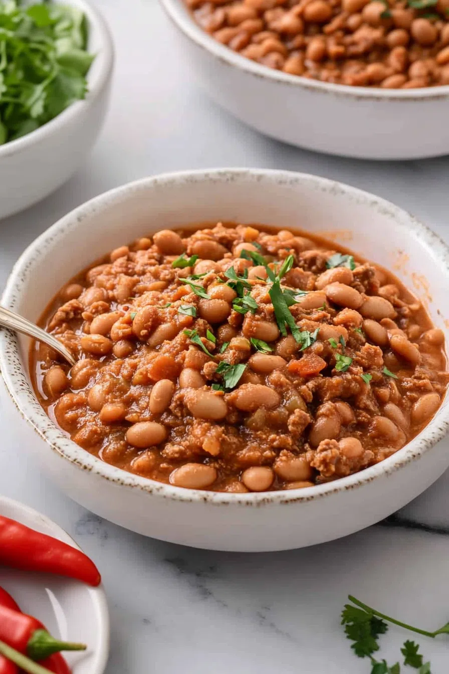 Close-up of slow-cooked beans garnished with fresh herbs.