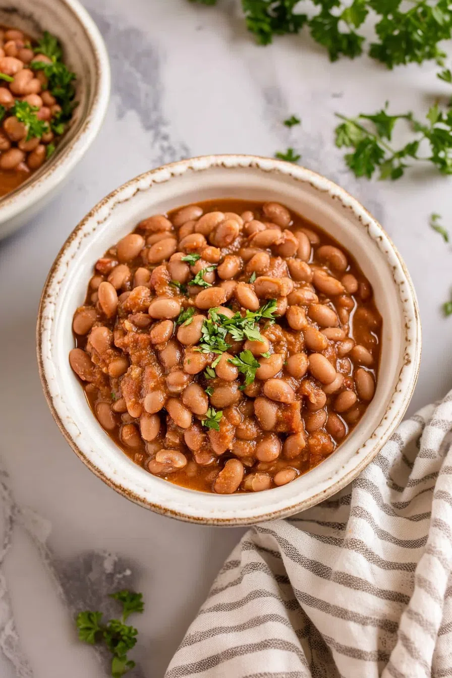 A bowl filled with saucy, slow-cooked pinto beans.