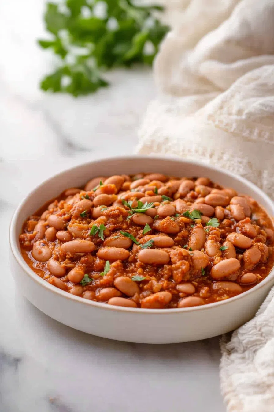 A bowl of tender pinto beans in a rich, smoky sauce.