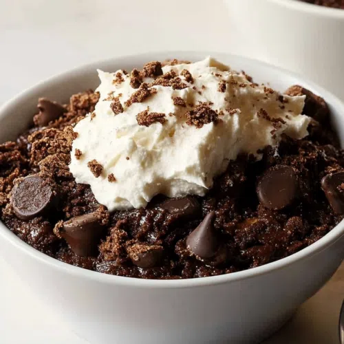A slice of decadent chocolate dessert served on a plate with a dollop of whipped cream.