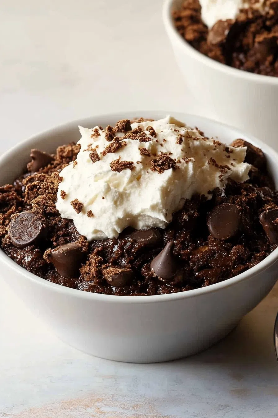 A slice of decadent chocolate dessert served on a plate with a dollop of whipped cream.