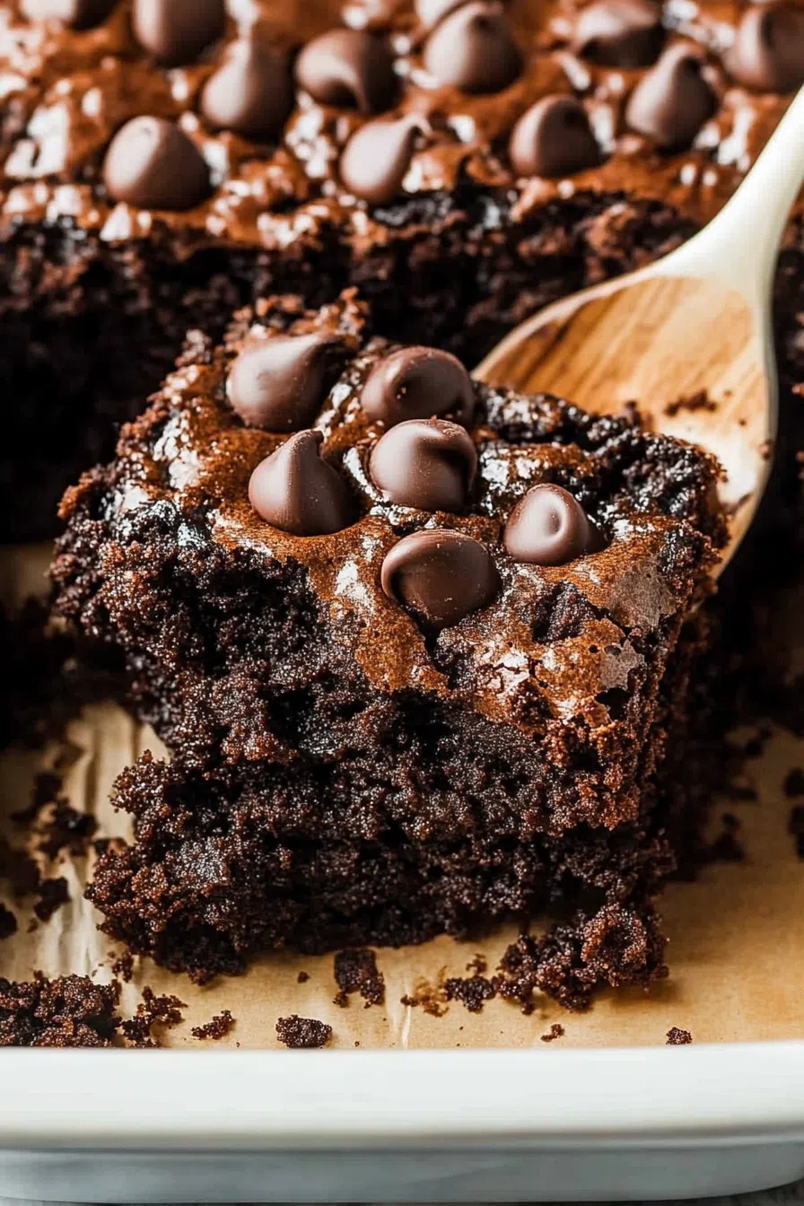 A spoon scooping a warm, fudgy cake with a melty texture.