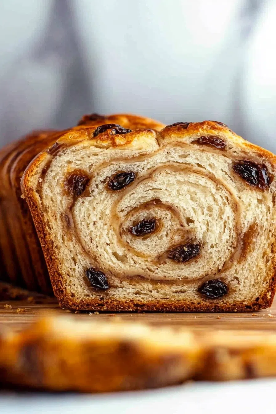Sliced homemade bread showing layers of cinnamon and raisins.