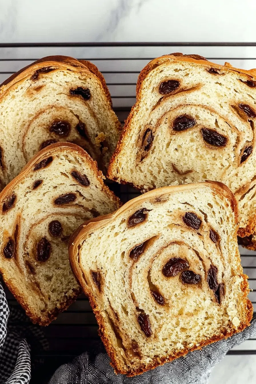 A close-up of sliced bread revealing cinnamon-sugar layers and plump raisins.