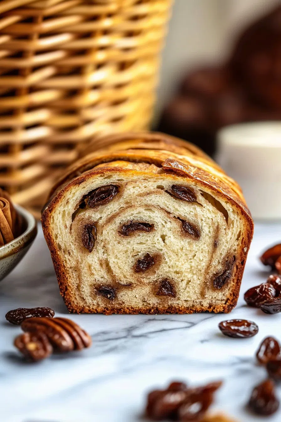 A freshly baked loaf with a golden crust and a soft, swirled interior.