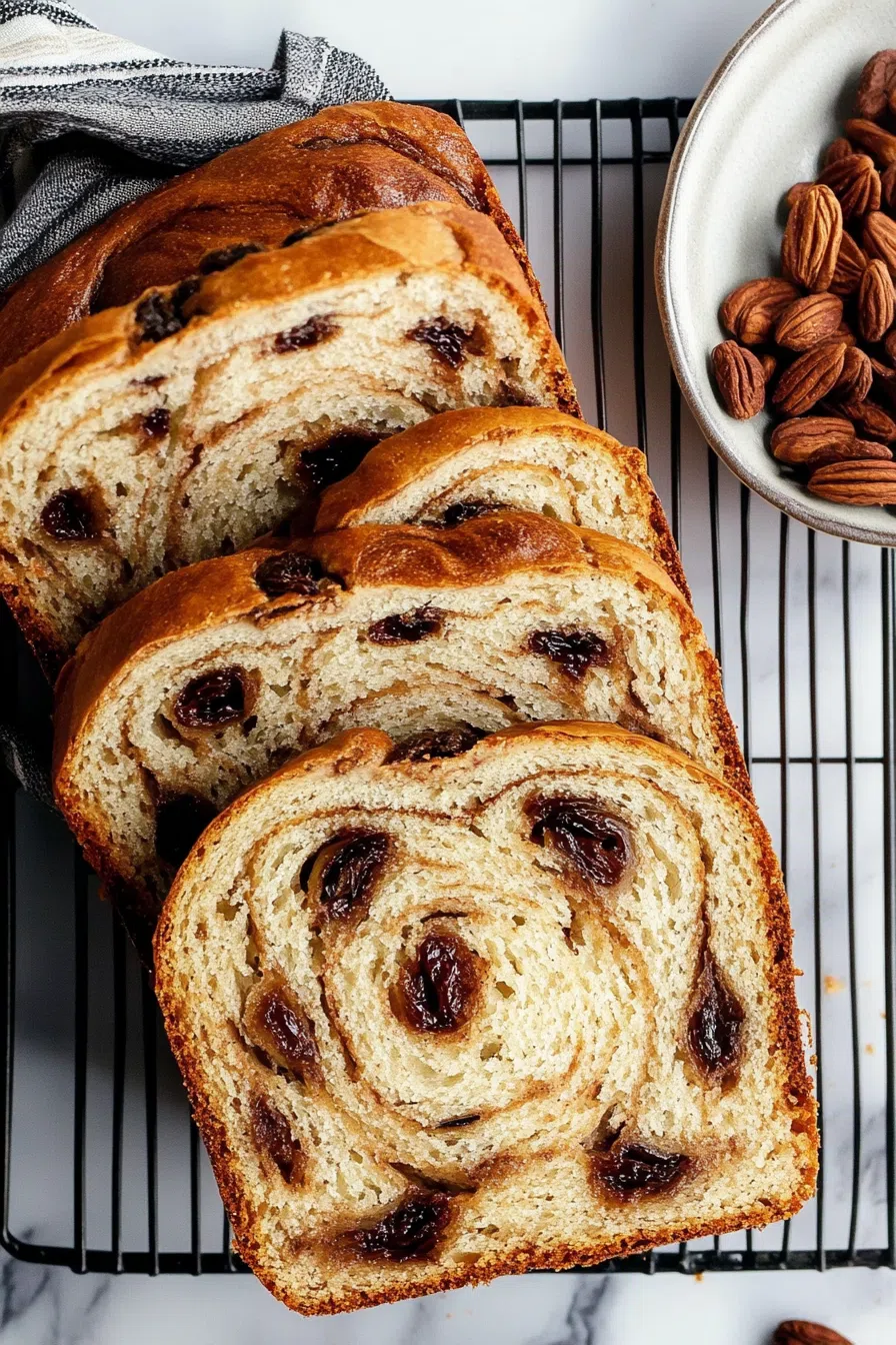A golden-brown loaf with a soft, swirled interior on a cooling rack.