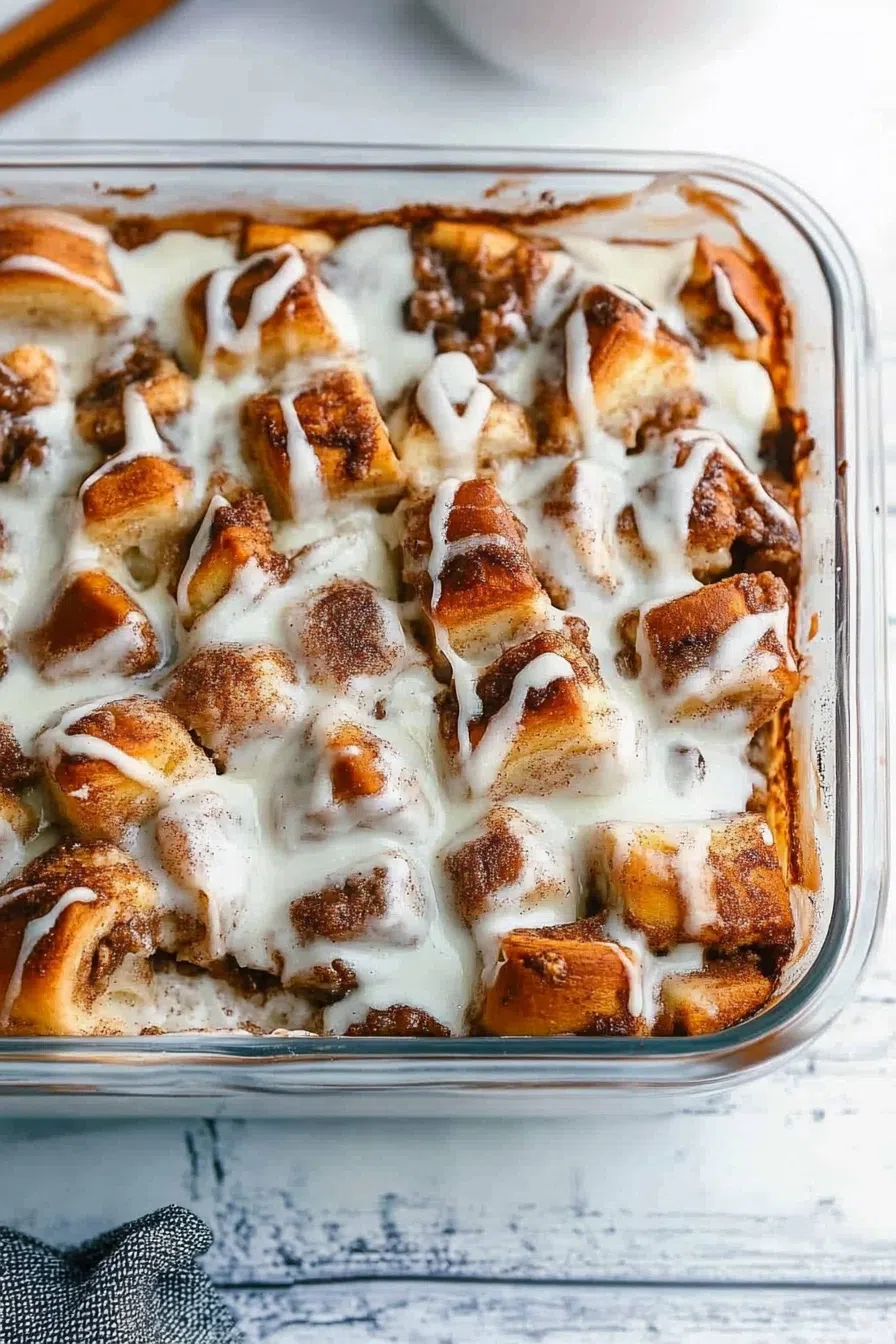 A golden-brown baked dish with swirls of cinnamon and drizzled icing on top.