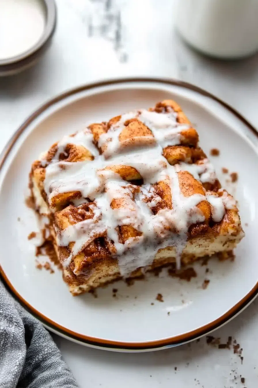 A plated serving of a sweet, cinnamon-filled treat with a glossy glaze.