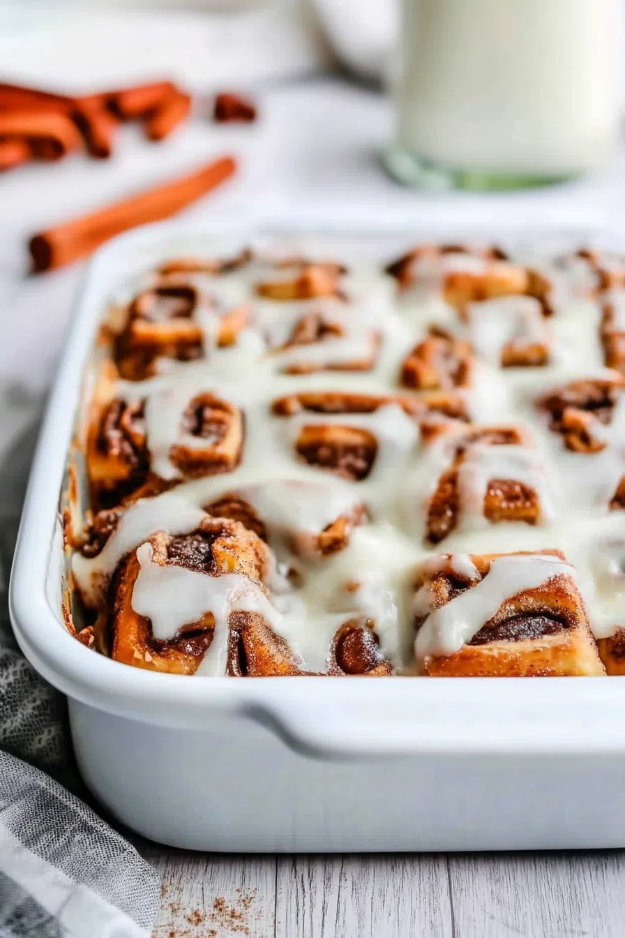 Freshly baked sweet breakfast casserole with a drizzle of vanilla glaze.