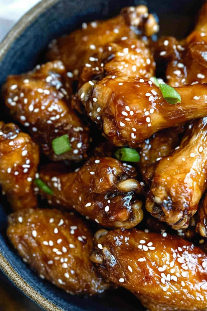 A dish of saucy wings garnished with sesame seeds and green onions.