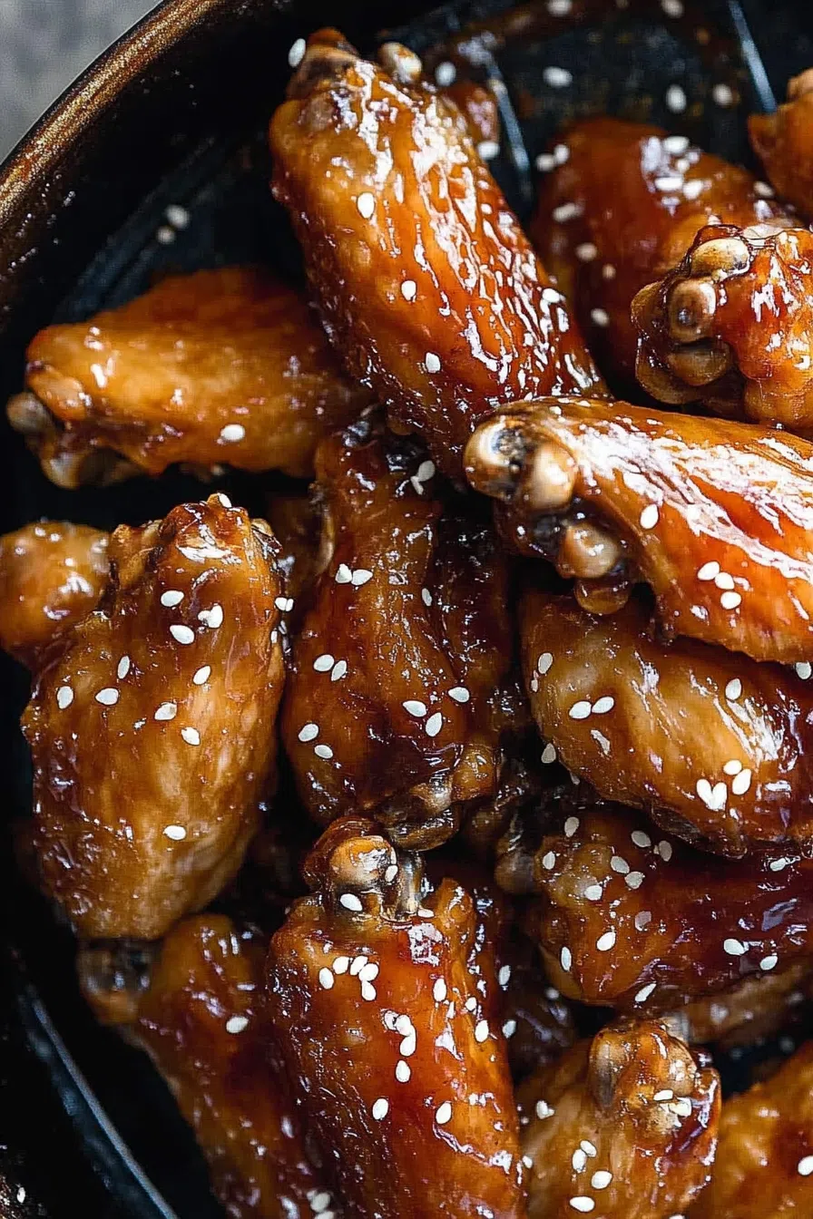 Glazed chicken wings piled on a serving plate with a glossy finish.