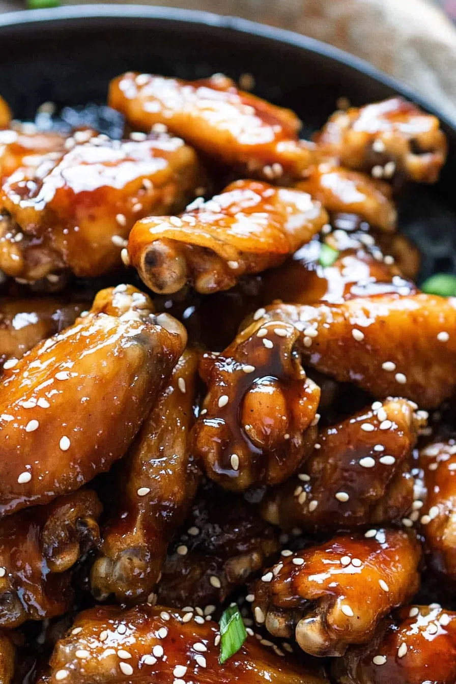 Chicken wings coated in a rich, sticky glaze, served on a plate.