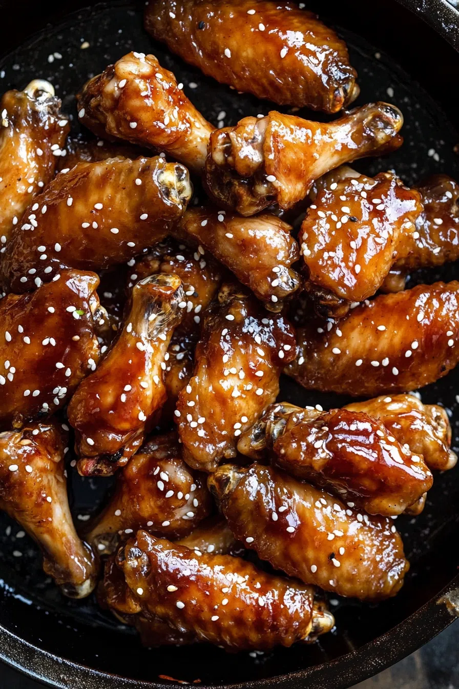 A glossy, thick sauce drizzled over crispy chicken wings.