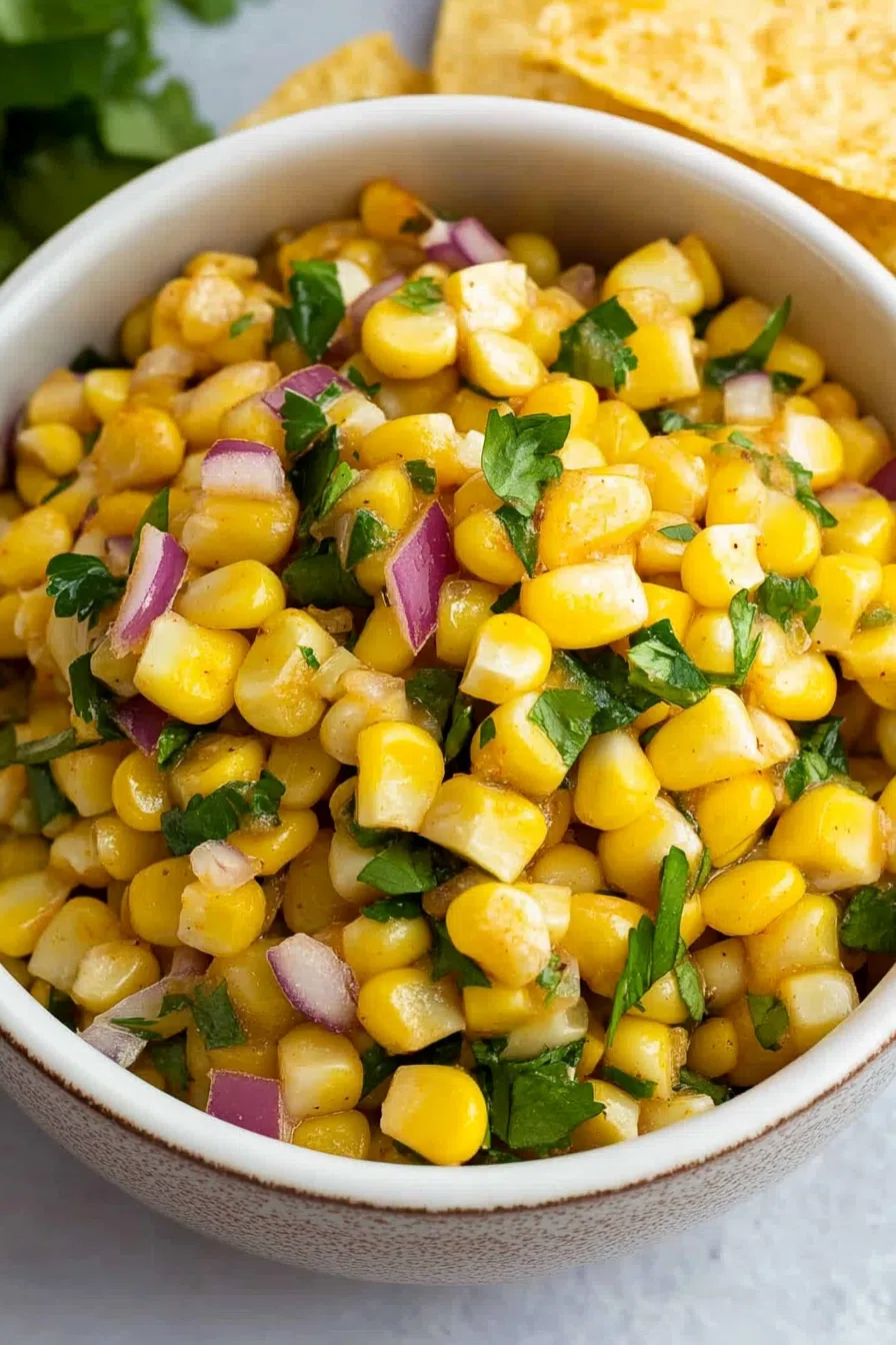 Close-up of a vibrant corn and pepper mixture on a rustic plate.