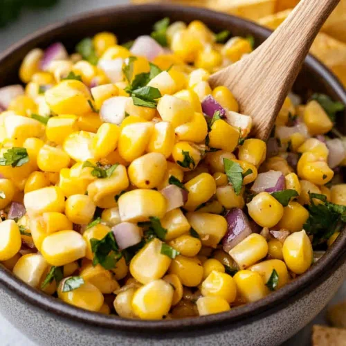 Fresh corn salsa served in a small white bowl, garnished with chopped cilantro.
