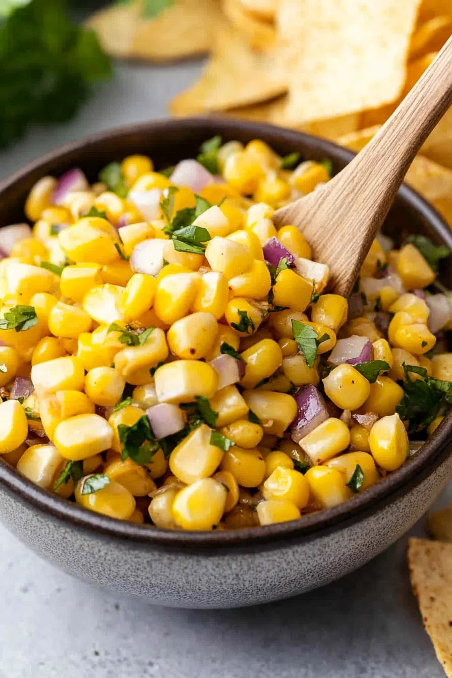 Fresh corn salsa served in a small white bowl, garnished with chopped cilantro.