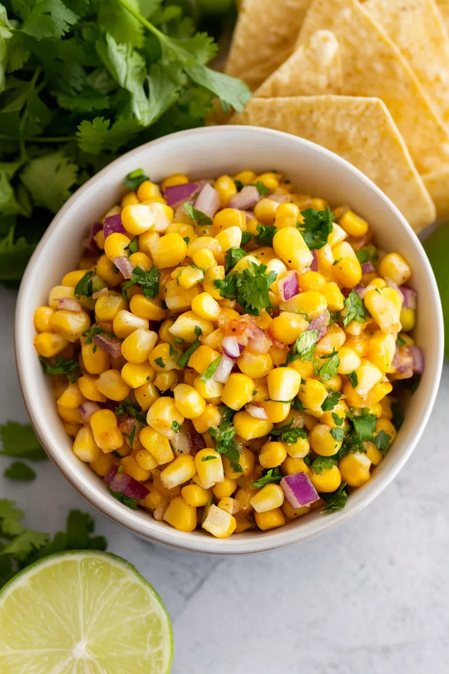 A bowl of zesty corn and lime salsa next to tortilla chips.