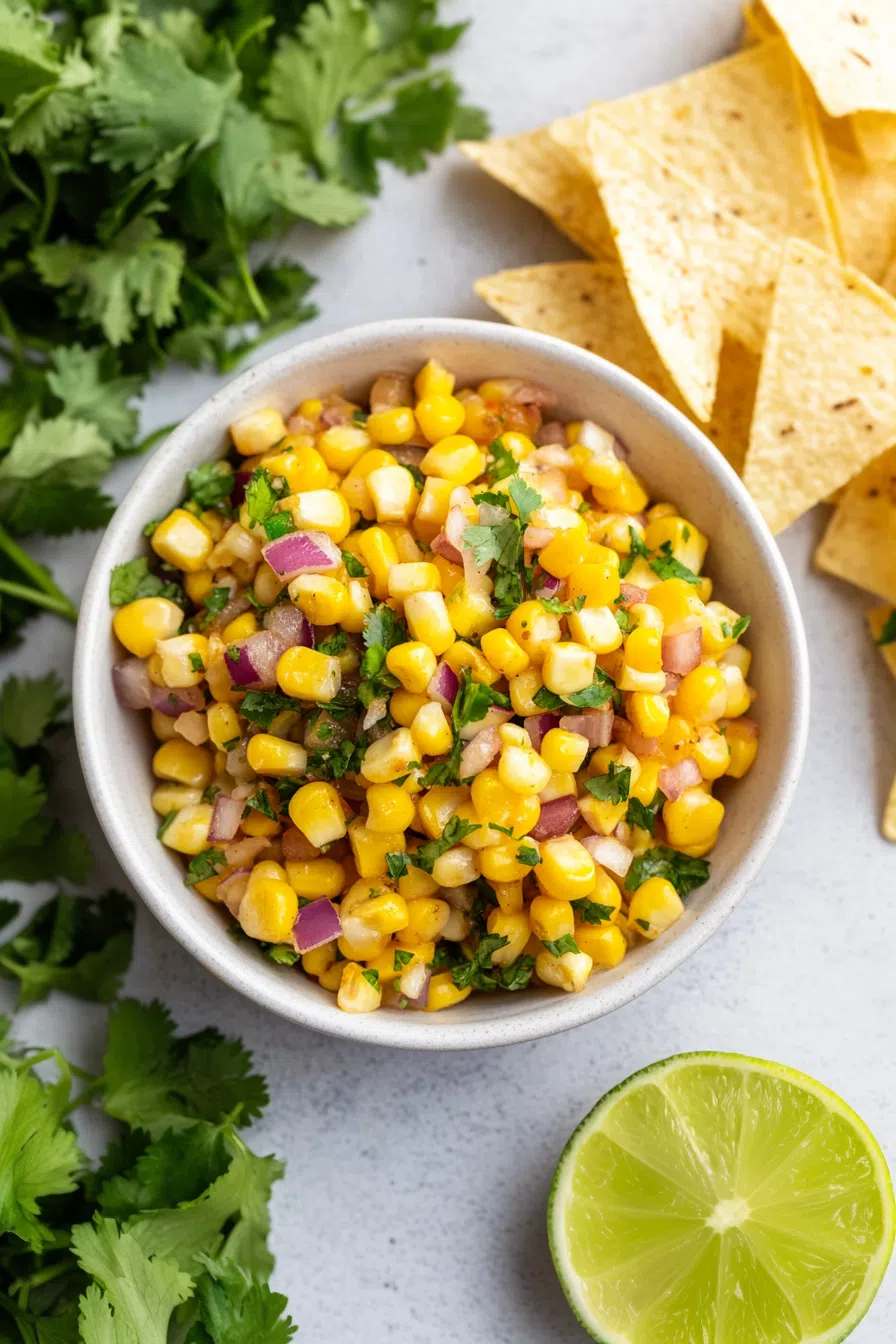 Overhead view of a bright, fresh corn topping ready to serve.