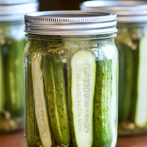 Close-up of crunchy pickles with garlic and dill floating in a clear brine.
