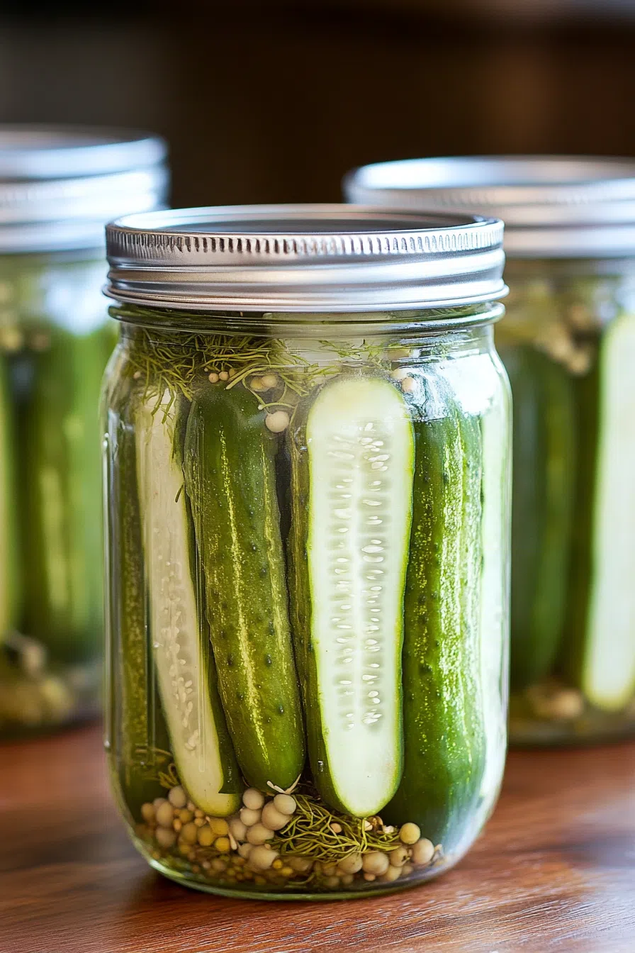 Close-up of crunchy pickles with garlic and dill floating in a clear brine.