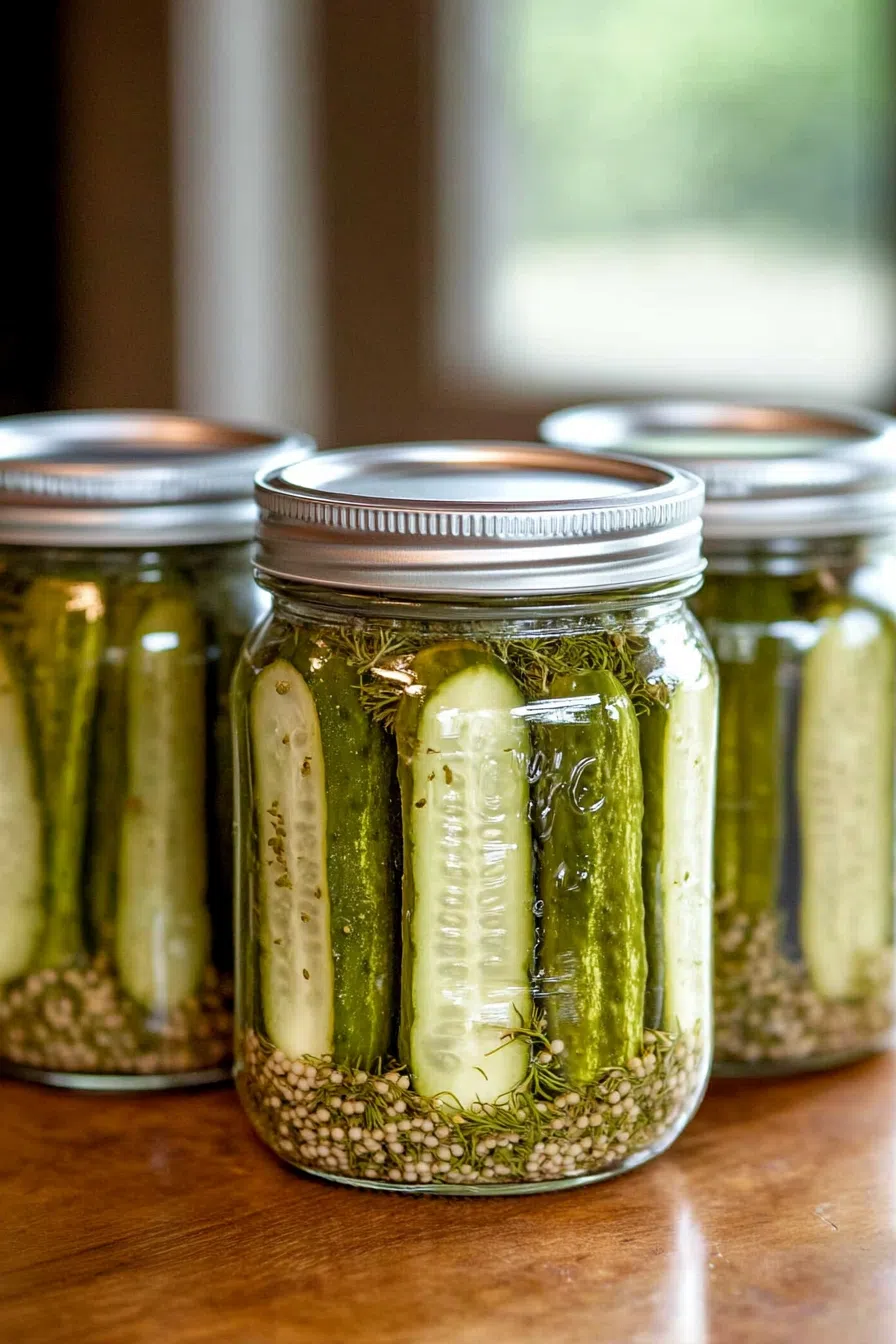 Freshly sliced cucumbers and whole pickles on a jar.