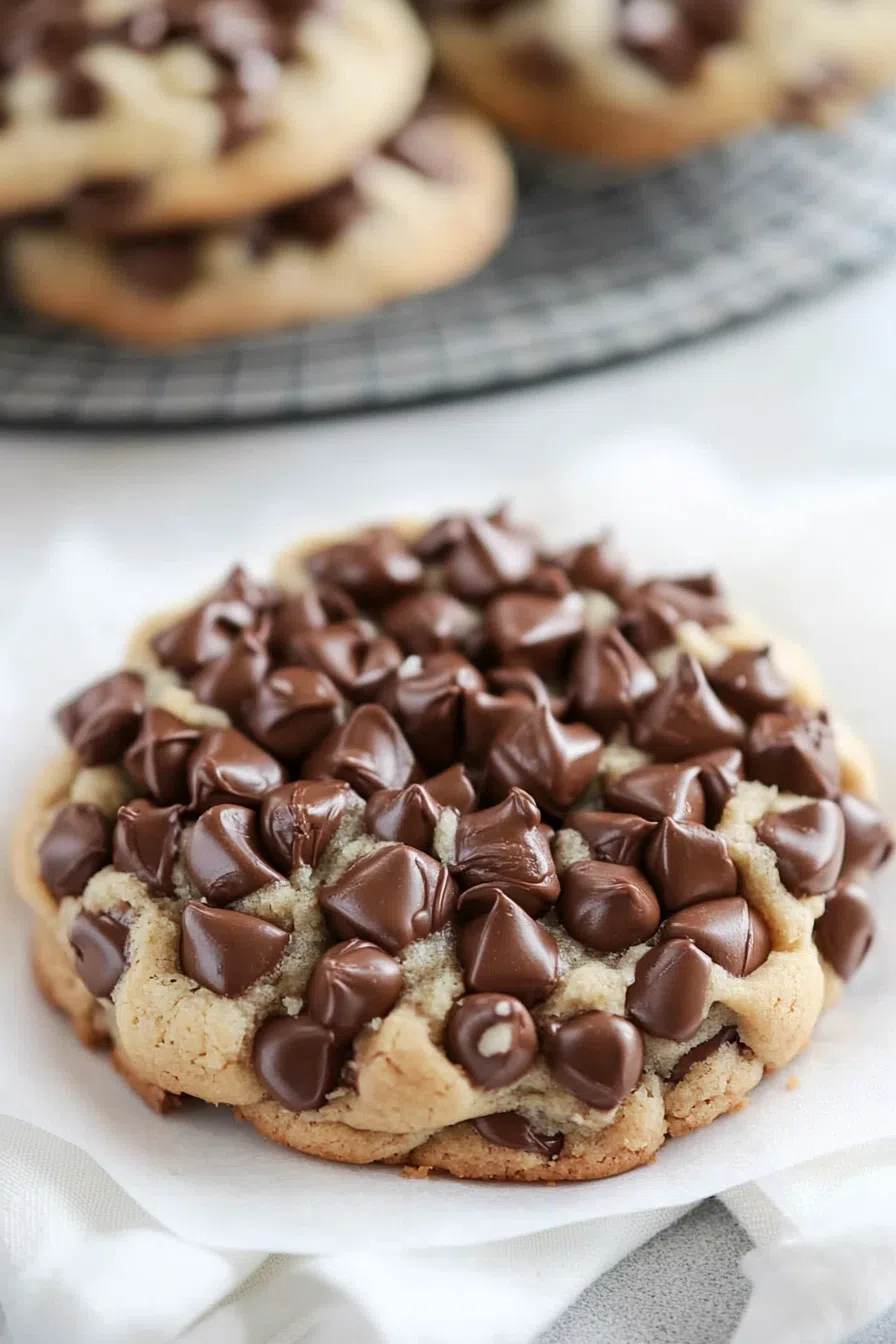 Single cookie on parchment paper with chocolate chips scattered around it.