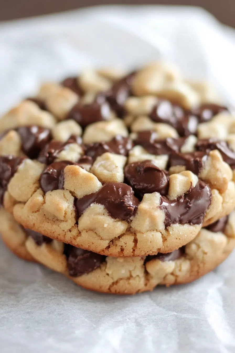 Close-up of a gooey cookie with crisp edges and a soft center.