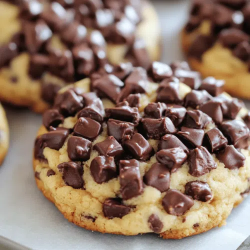 A close-up of a chocolate chip-studded cookie broken in half, revealing a soft center.
