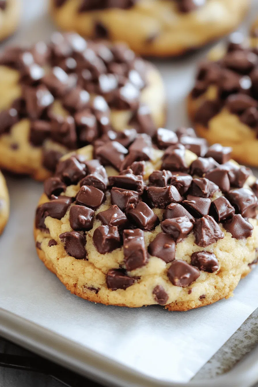 A close-up of a chocolate chip-studded cookie broken in half, revealing a soft center.