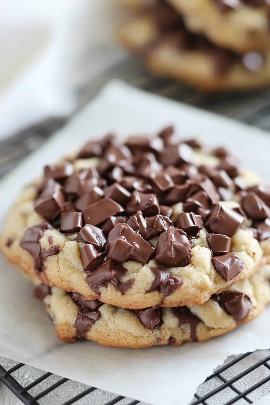A single cookie on parchment paper with melted chocolate oozing from the center.