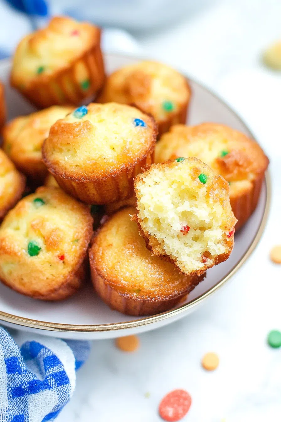 A plate of bite-sized muffins arranged neatly, with a golden-brown crust and a soft, fluffy interior visible in one partially torn muffin
