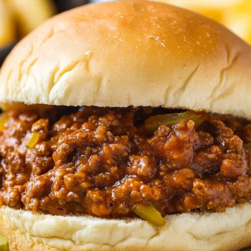 Ground beef in a rich, tangy sauce, piled high on a soft bun.
