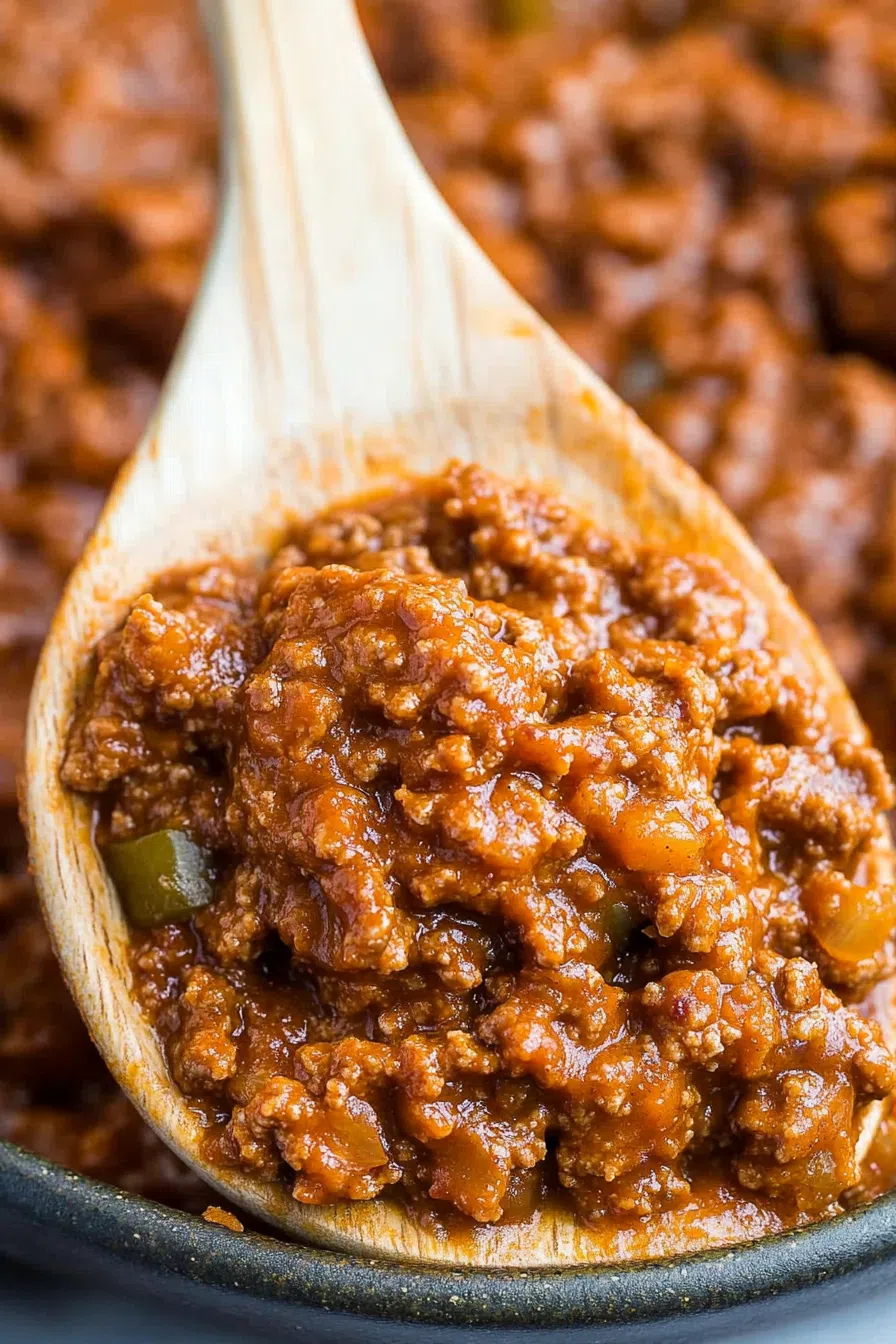 A close-up of a wooden spoon scooping a rich, saucy ground beef mixture from a pan.
