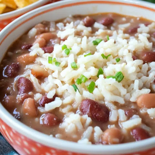 Close-up of a hearty serving of red beans and rice in a rustic ceramic bowl, highlighting the rich, savory texture.