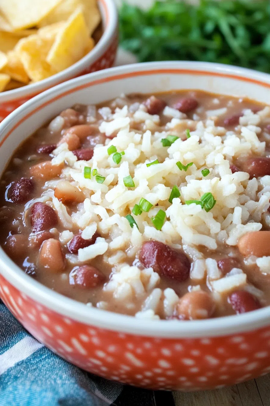 Close-up of a hearty serving of red beans and rice in a rustic ceramic bowl, highlighting the rich, savory texture.