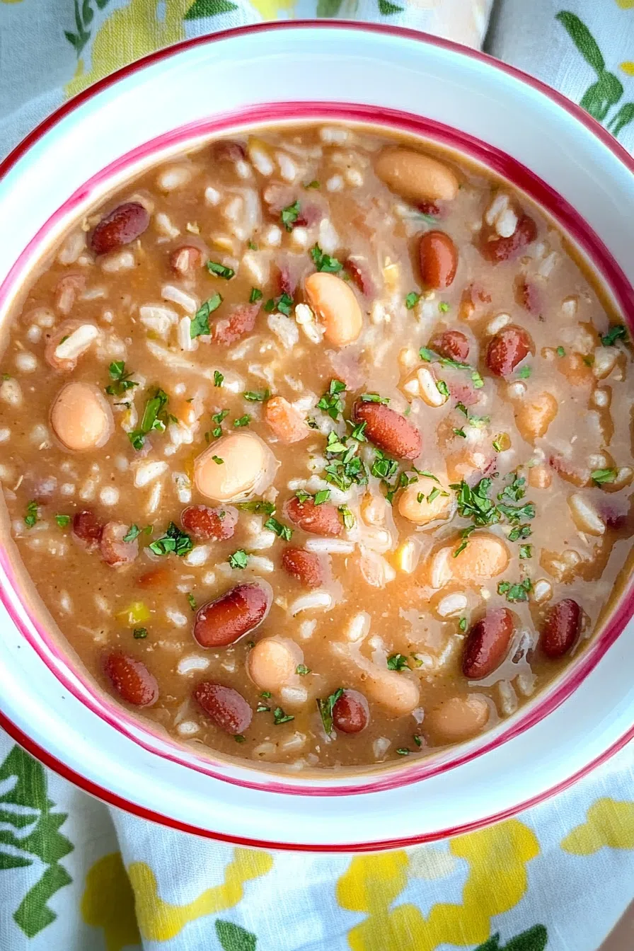 Portion of red beans and rice plated elegantly, surrounded by fresh herbs and a warm, inviting ambiance.