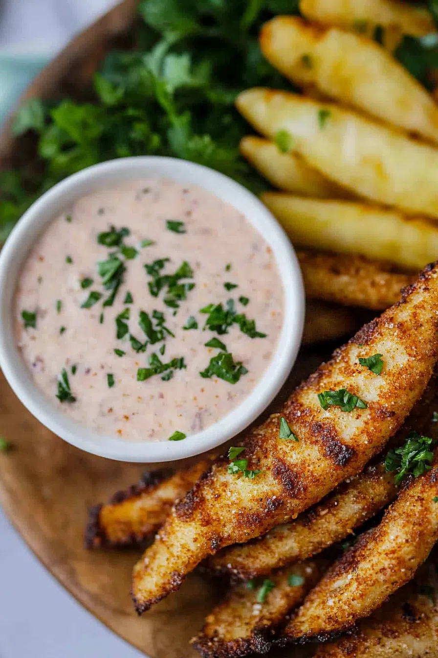 A plate of crispy chicken tenders served with a side of blackened ranch.