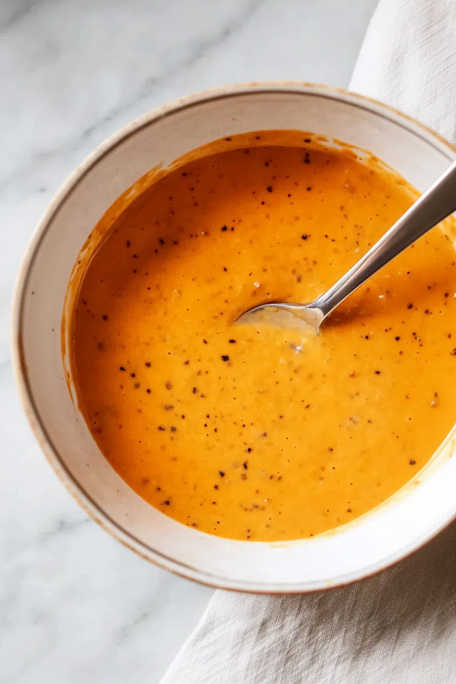 Spoonful of pepper sauce with visible flecks of black pepper, highlighting its richness.