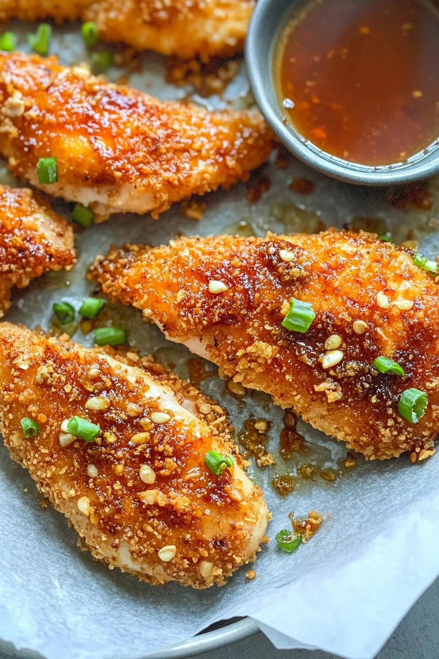 A serving of crispy baked chicken on a plate with a side of dipping sauce.