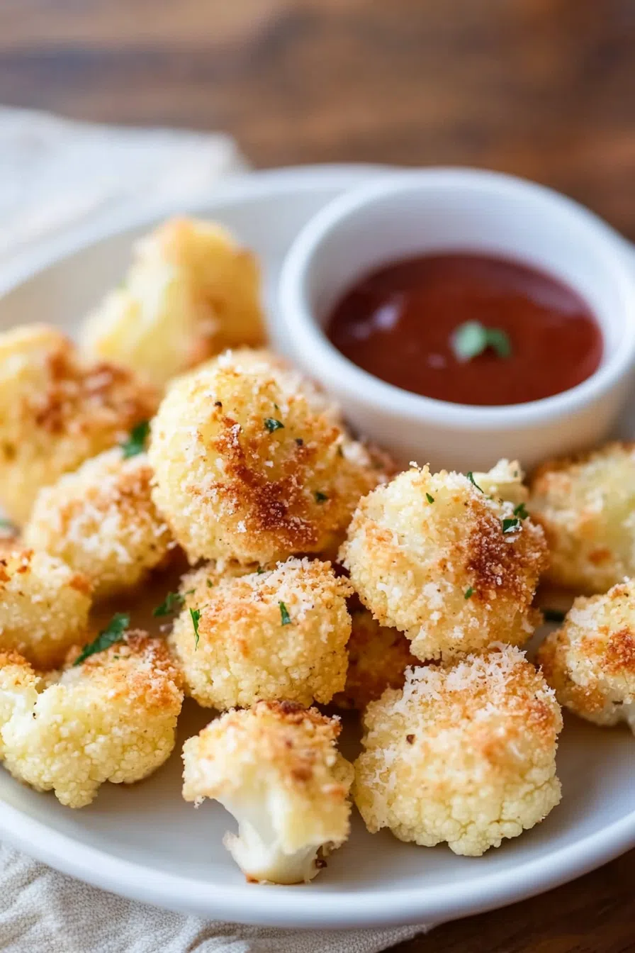 Crunchy baked cauliflower pieces sprinkled with parmesan and herbs.