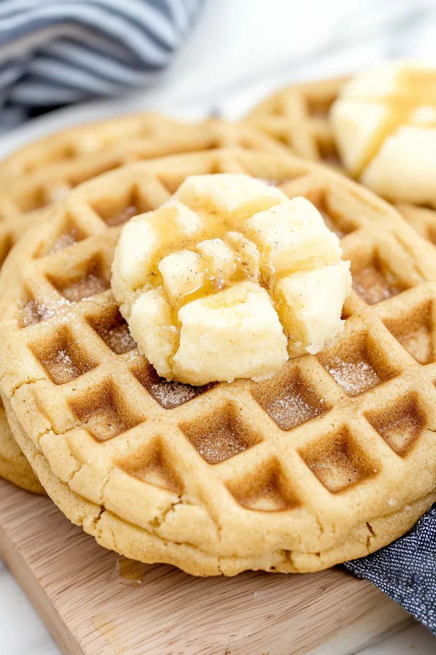 Golden waffle-shaped cookie drizzled with syrup and a dollop of butter on top.