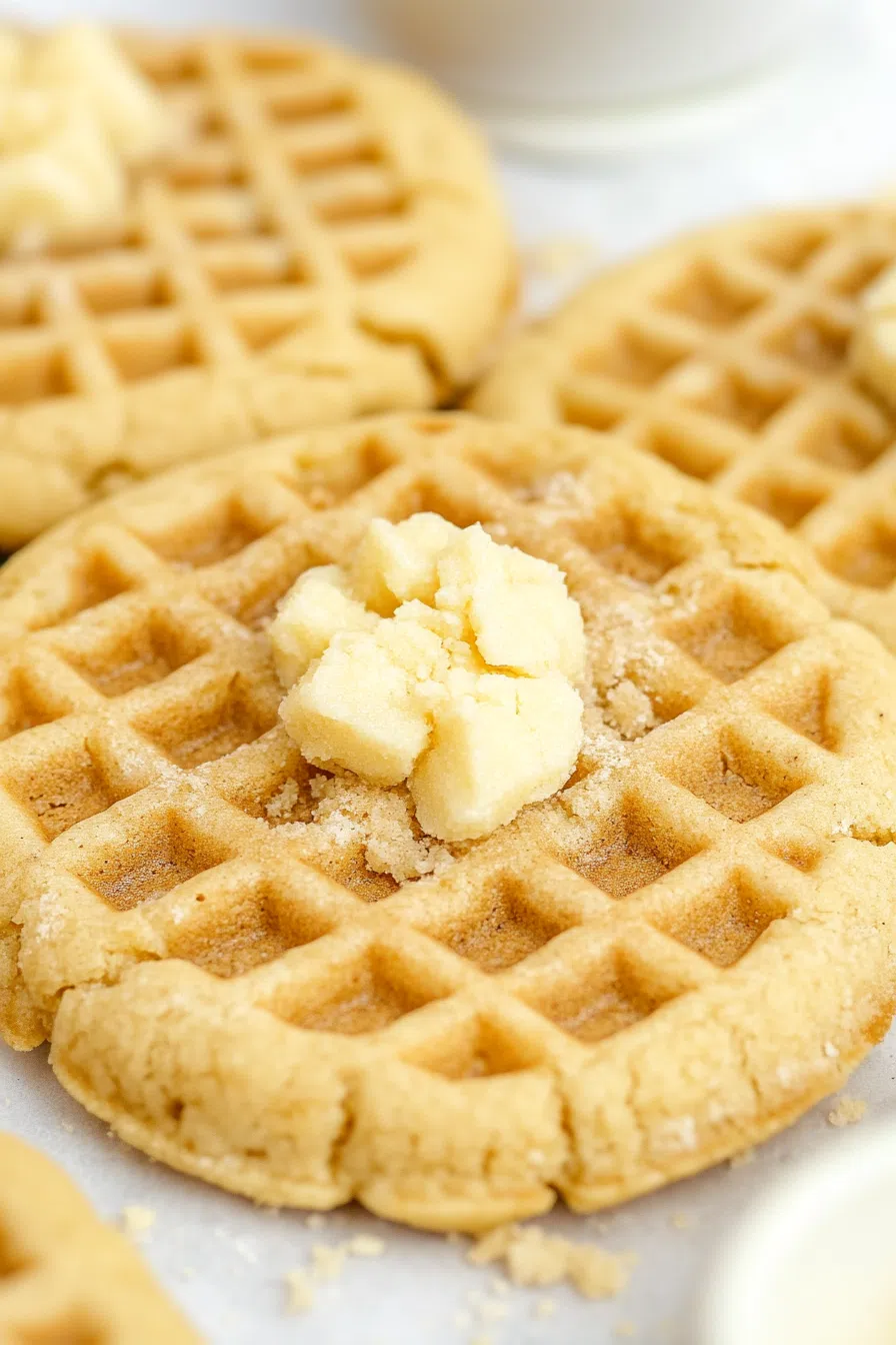 Close-up of a thick cookie with a waffle texture, served on a white plate.