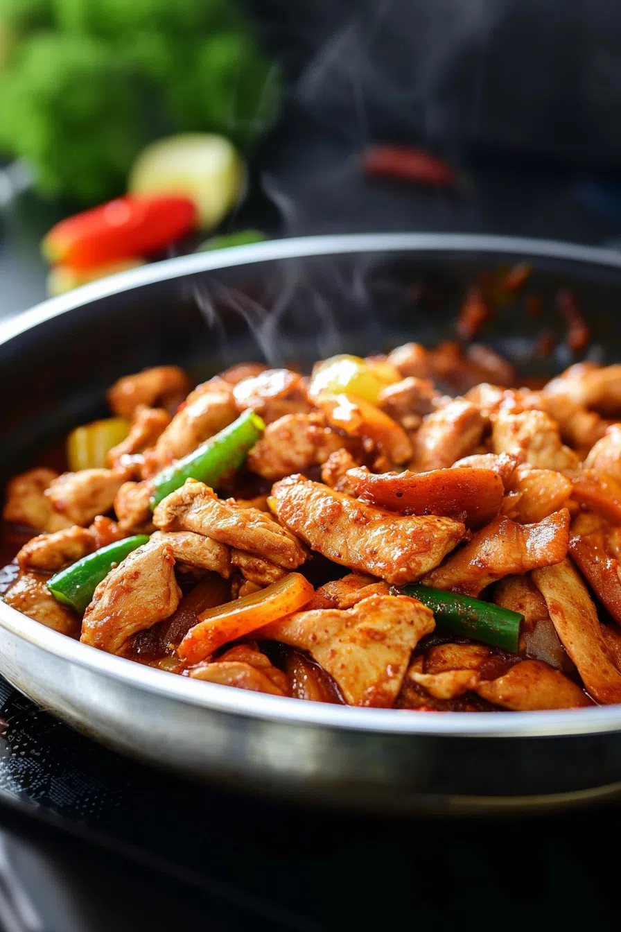 Overhead view of a family-style serving of stir-fried chicken, vegetables, and rice cakes, all coated in a bright red chili sauce.