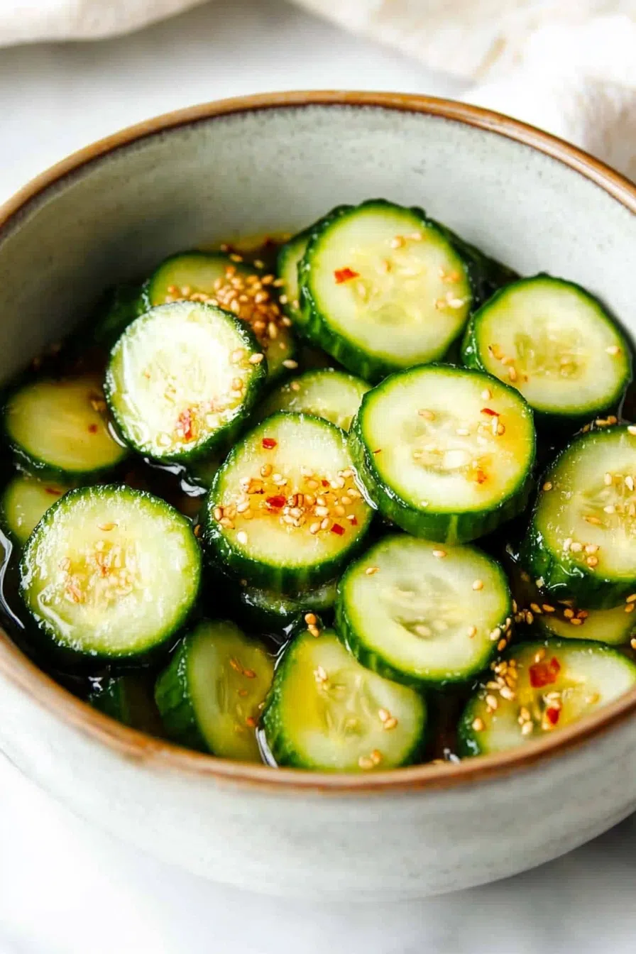 Overhead shot of the cucumber salad surrounded by small bowls of ingredients like garlic, sesame seeds, and dressing.