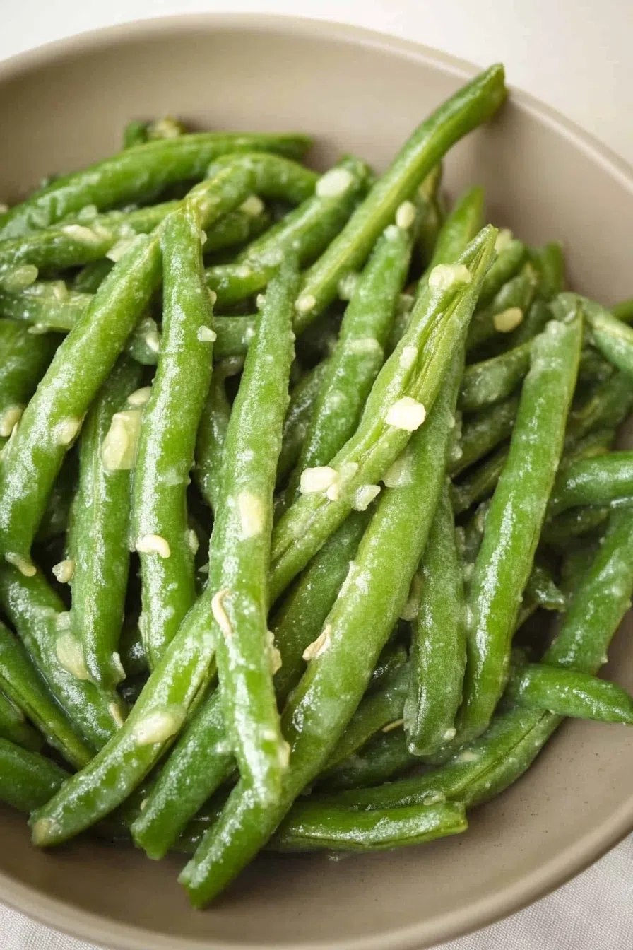 A plate of bright green beans garnished with garlic.