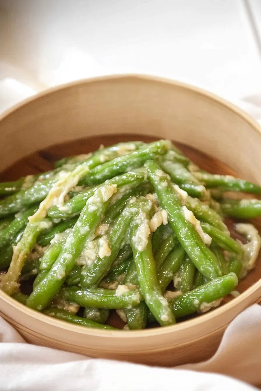 Green beans topped with minced garlic and sesame seeds.