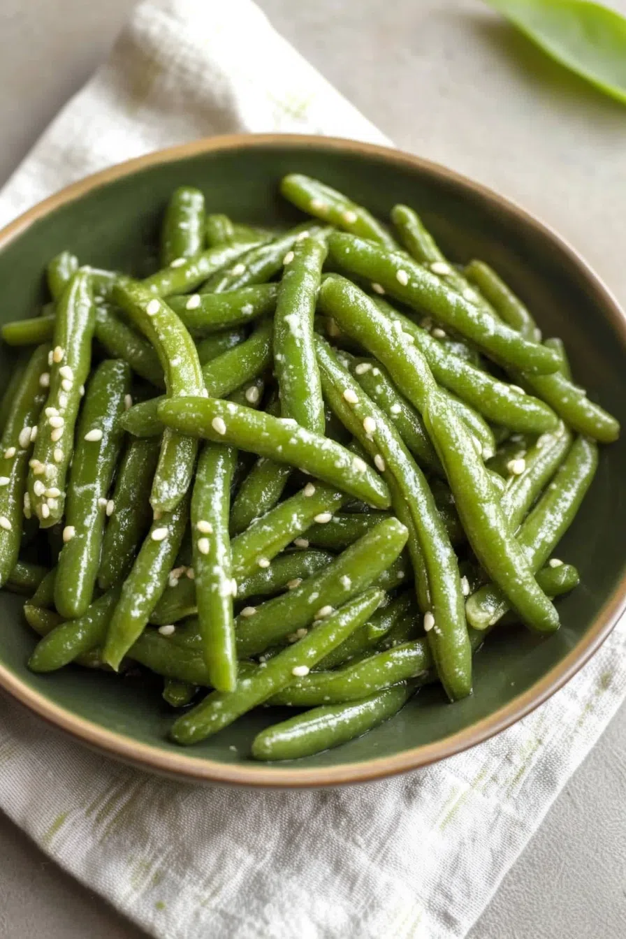 A side dish of vibrant green beans with a glossy finish.