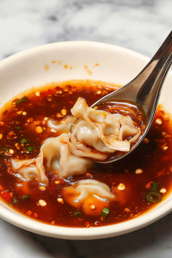 A spoon lifting a wonton from a bowl of spicy broth.