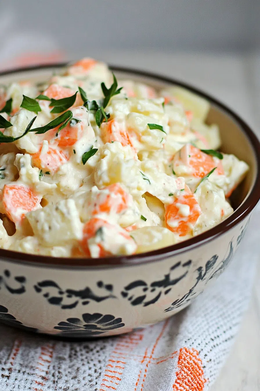 Close-up of creamy potato salad garnished with fresh herbs.