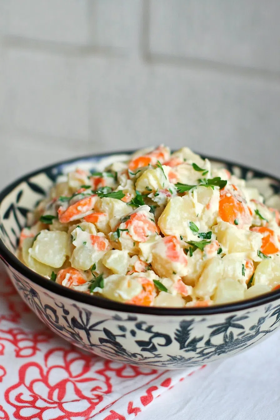 Bowl of vibrant Dominican potato salad with colorful vegetables.